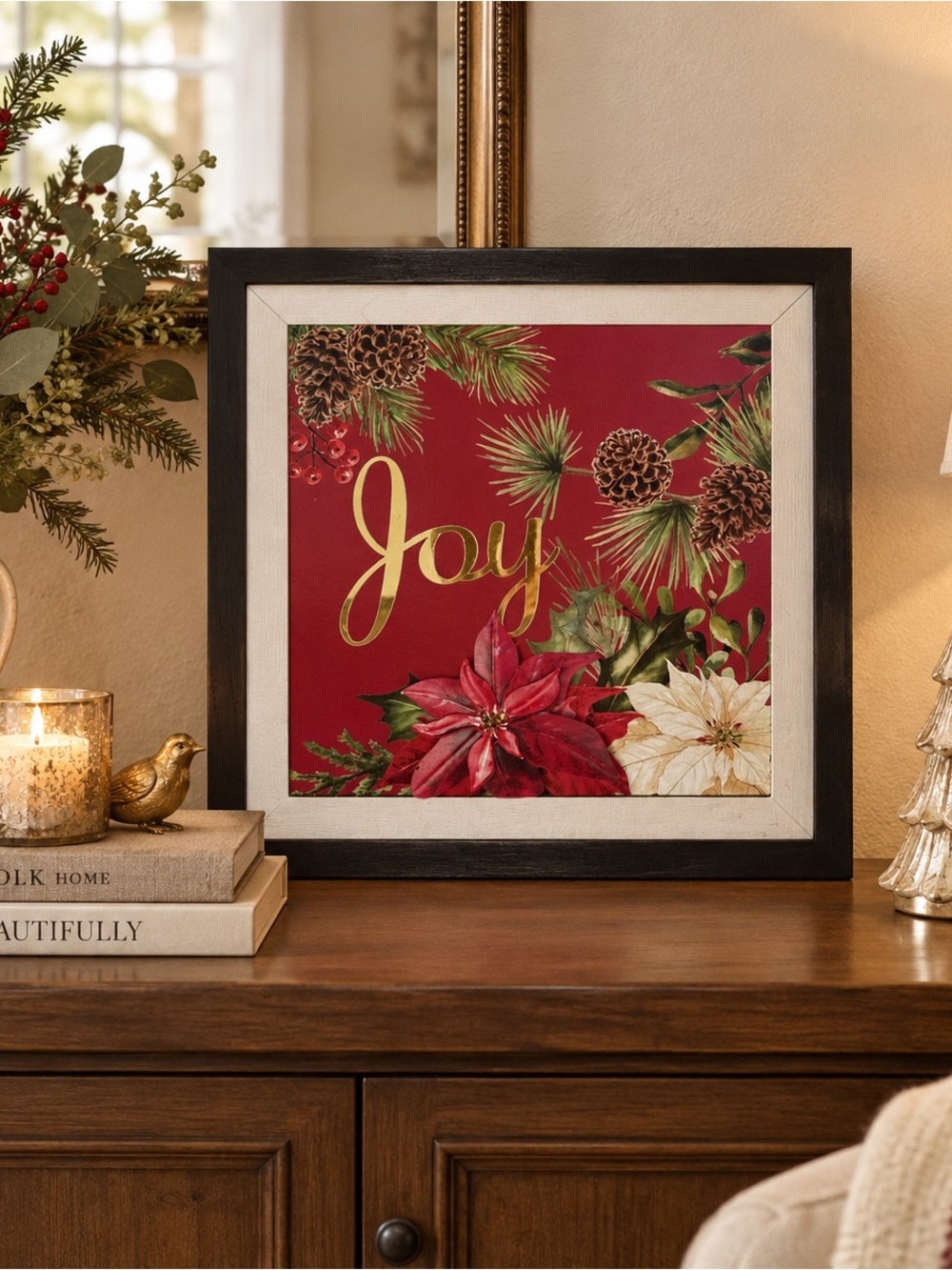 Framed 'Joy' Holiday Wall Art - Red Poinsettia Design Wooden 14x14 in